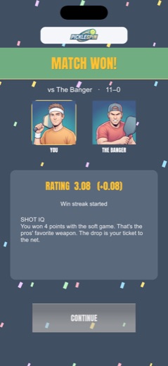 Match won card with rating change and Shot IQ tip